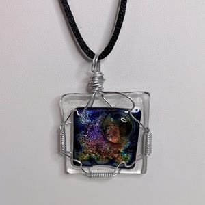 Unique Dichroic Iridescent fused glass hand crafted Necklace Wire Wrapped